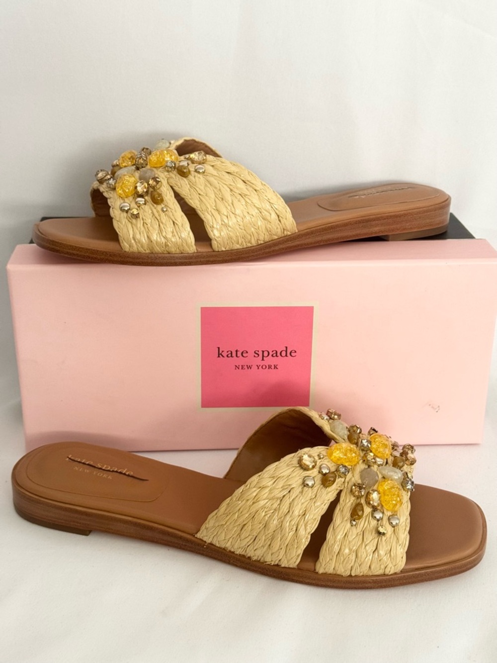 Kate Spade Dock Crystal Raffia Slides 10B NIB Defaced Sandals